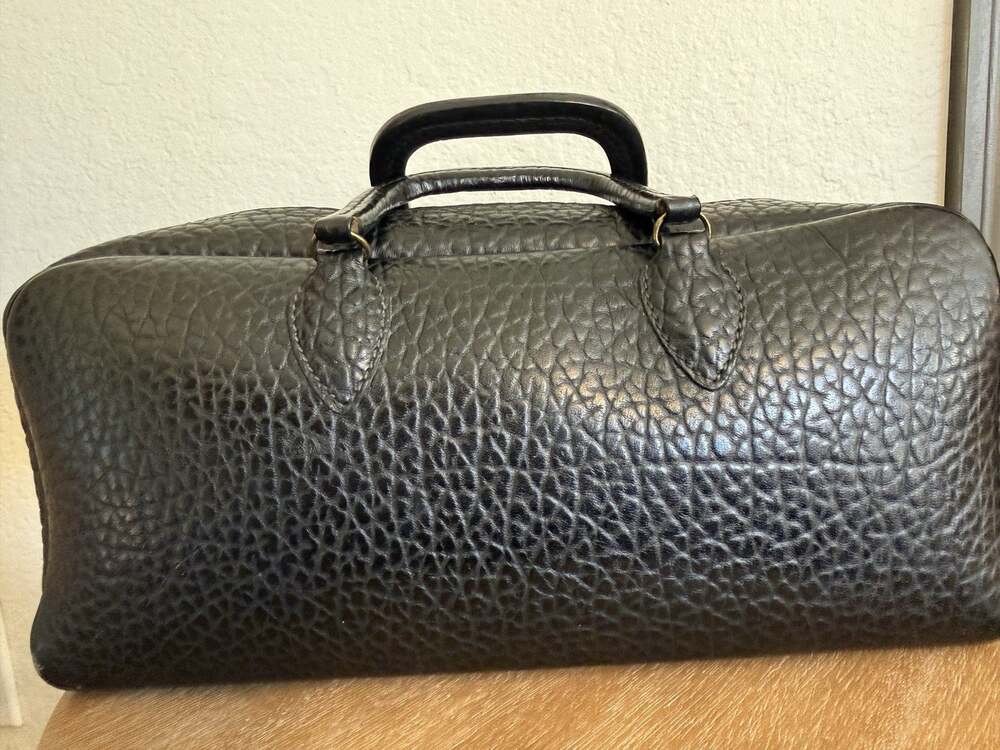 Mid Century Black Leather Doctor Bag Heavy Brass Coats & Clark Zipper Vintage